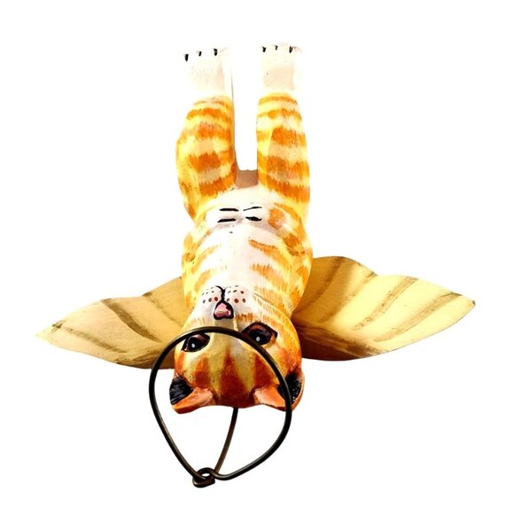 Folk Art Handcrafted Angel Cat Shelf Sitter Yellow & White With Wings 6x5.5" - Picture 10 of 13